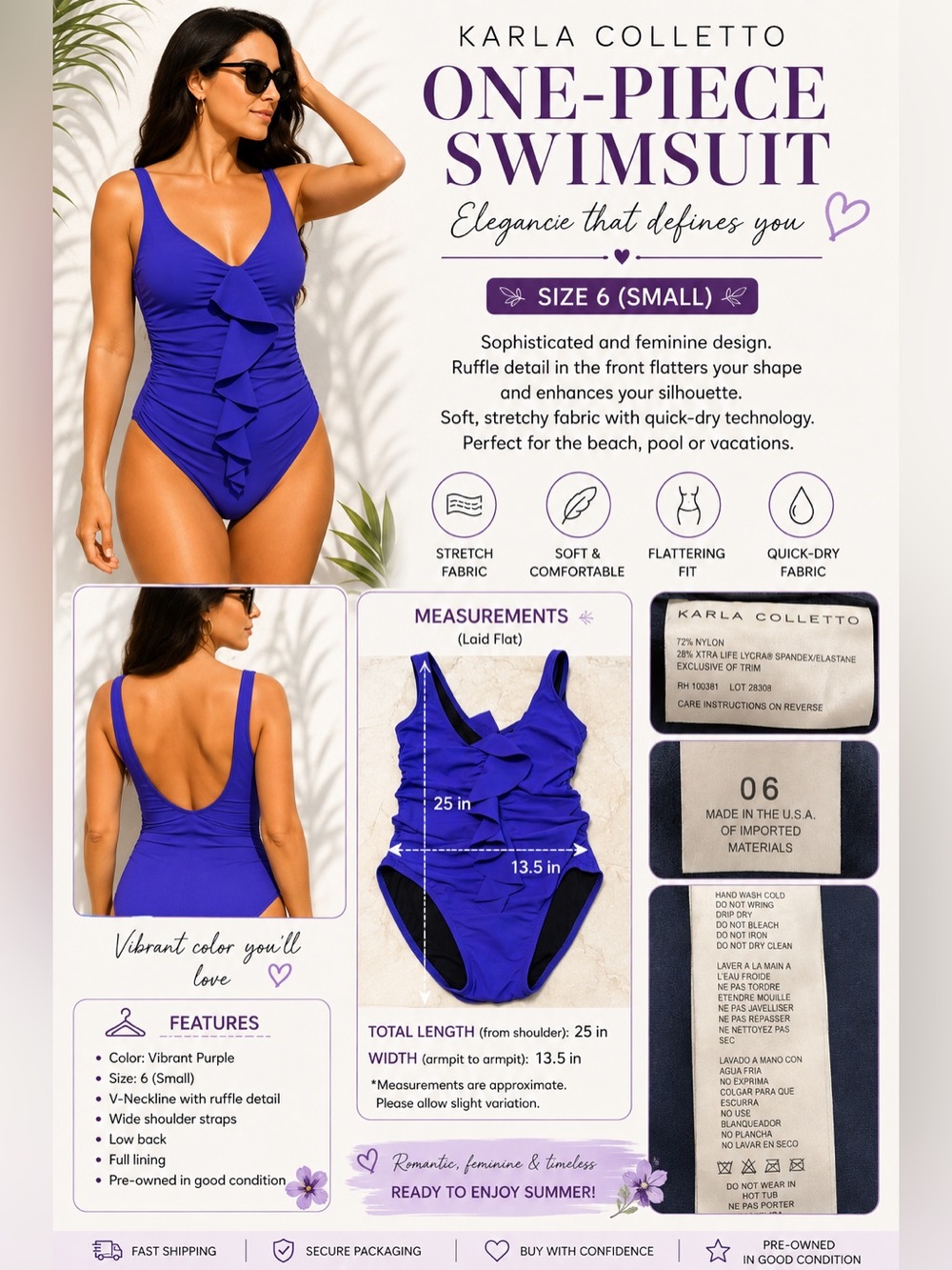 Karla Colletto Women’s One Piece Swimsuit Size 6 Purple Ruffle Ruched Made USA